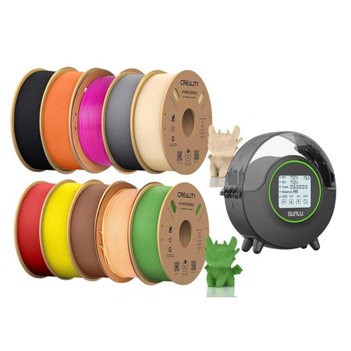 10kg Creality Hyper-PLA Filament + Sunlu S2 Dryer Box - (1kg Black +1kg Red+1kg Peachy-Pink + 1kg Gray + 1kg Yellow + 1kg Orange + 1kg Brown + 1kg Skin Color + 1kg Green + Strawberry Red)